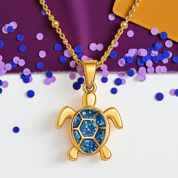 🆕️ Boho Chic Turtle Pendant Necklace 18K Gold Plated Stainless Steel Blue - Picture 9 of 11